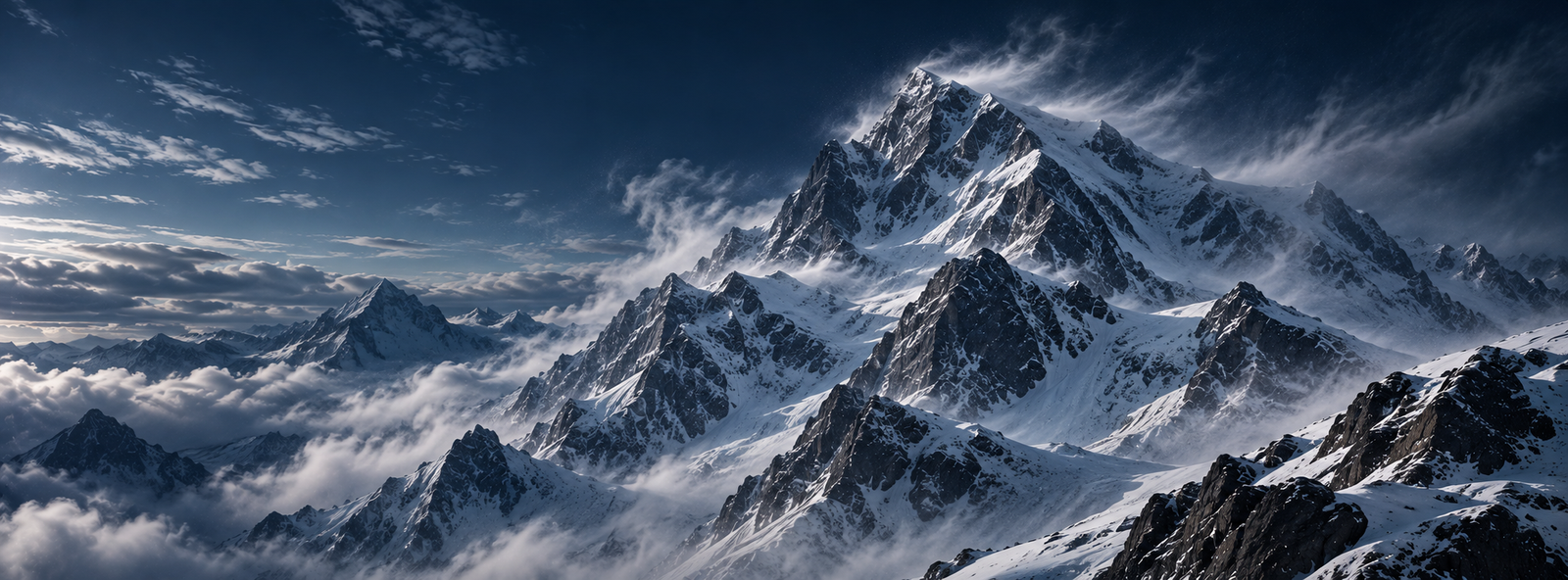 Paisaje panorámico de montañas nevadas bajo un cielo azul nocturno